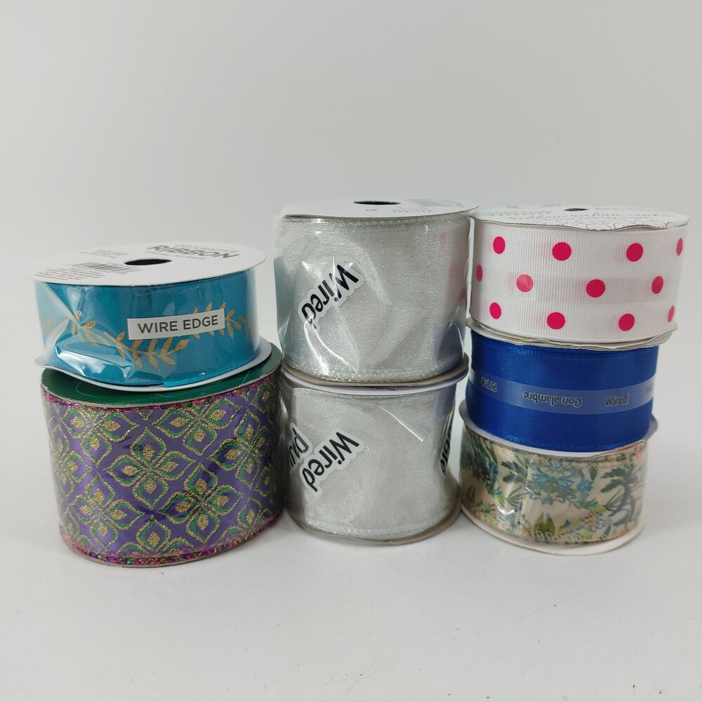 Ribbon Decorative 7 Rolls Unbranded Metallic Wired Sheer Blue Polka dot